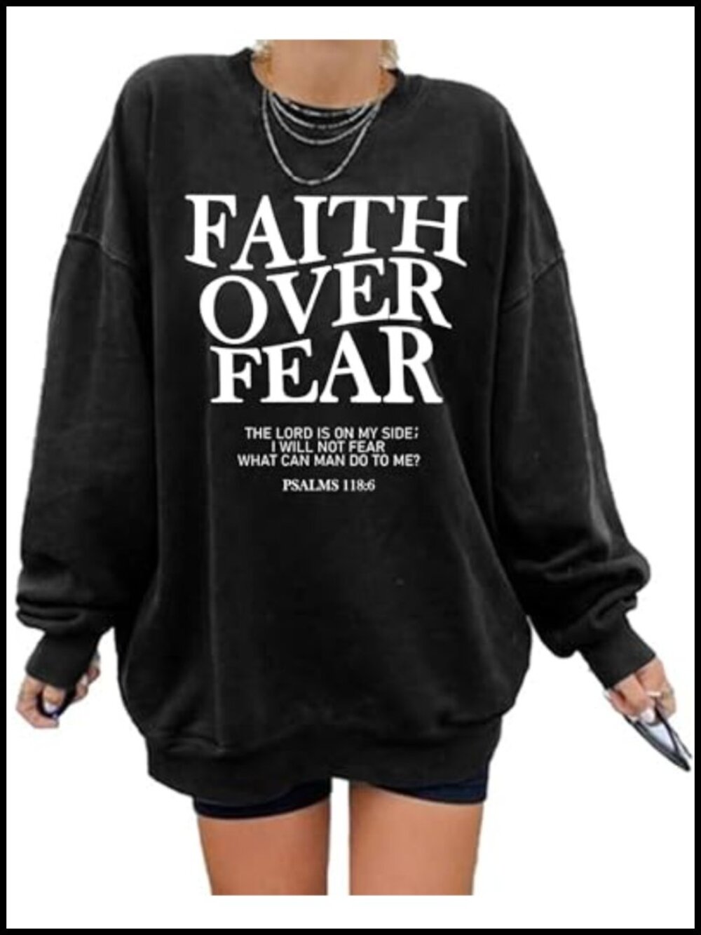 Oversized Christian Sweatshirt Faith Over Fear Cotton Blend Crew Neck Long